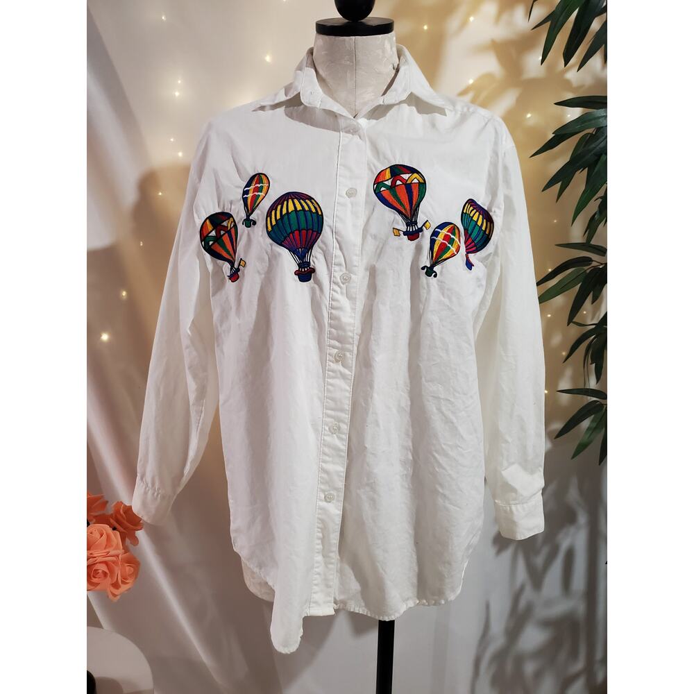 Accordeon VTG Hot Air Balloon Embroidered Button Up Shirt Womens Size S Rainbow